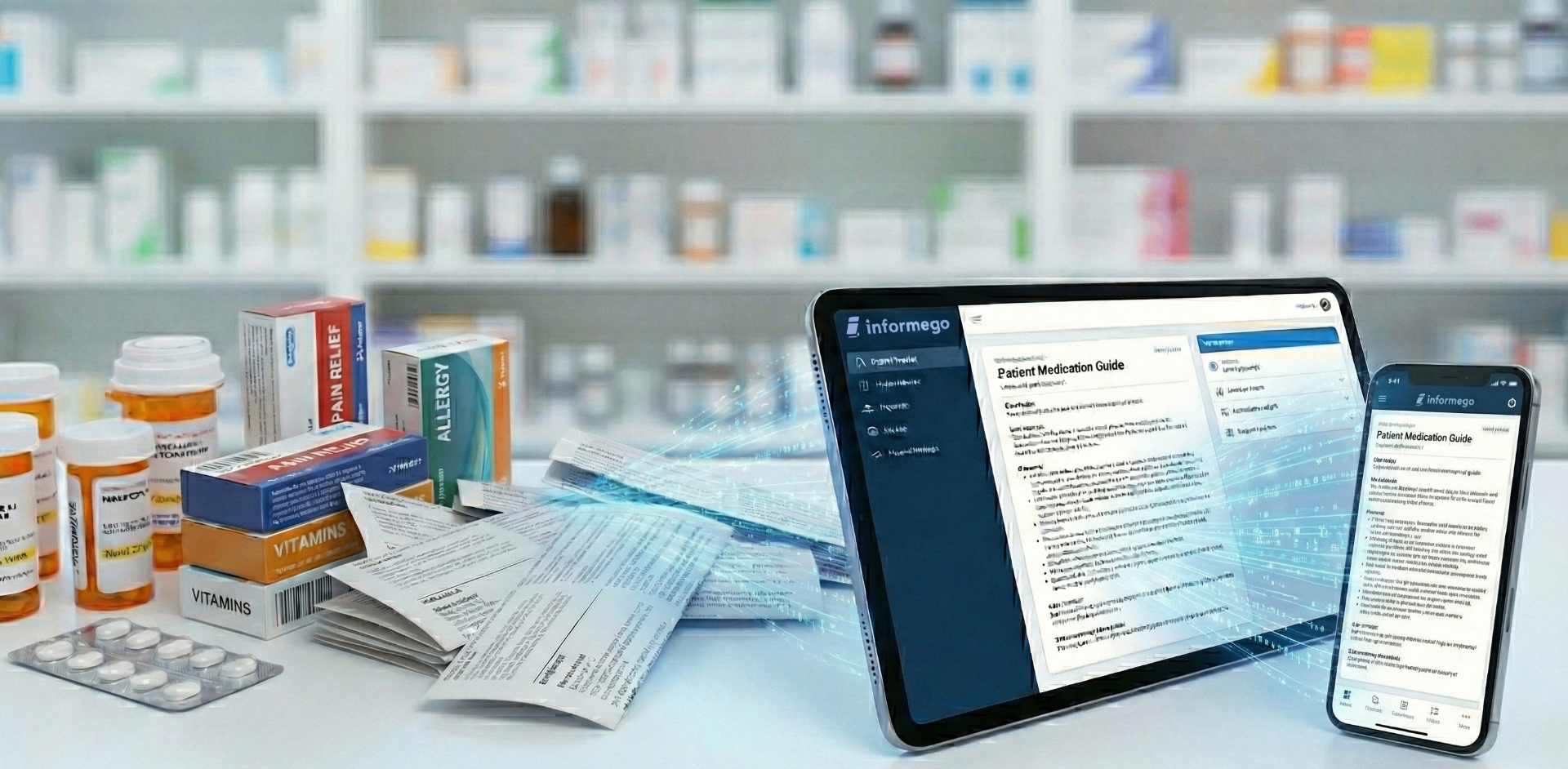 Informego platform showing paper leaflets transforming into digital medication guides on a tablet