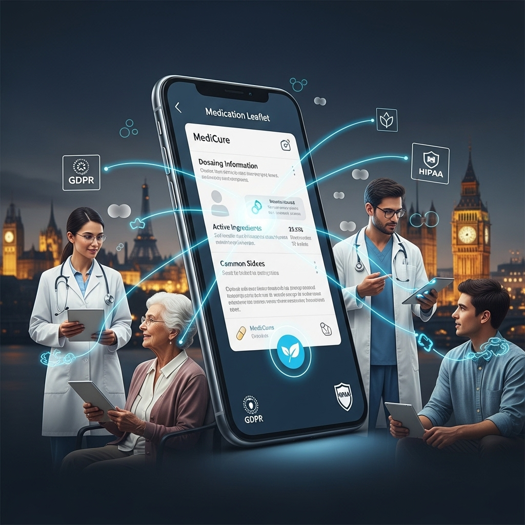 Digital medication leaflet platform with GDPR and HIPAA compliance showing healthcare professionals and patients